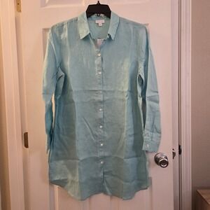 J. Jill Love Linen long tunic top sz L NWT Caribbean Blue Casual Coastal Resort